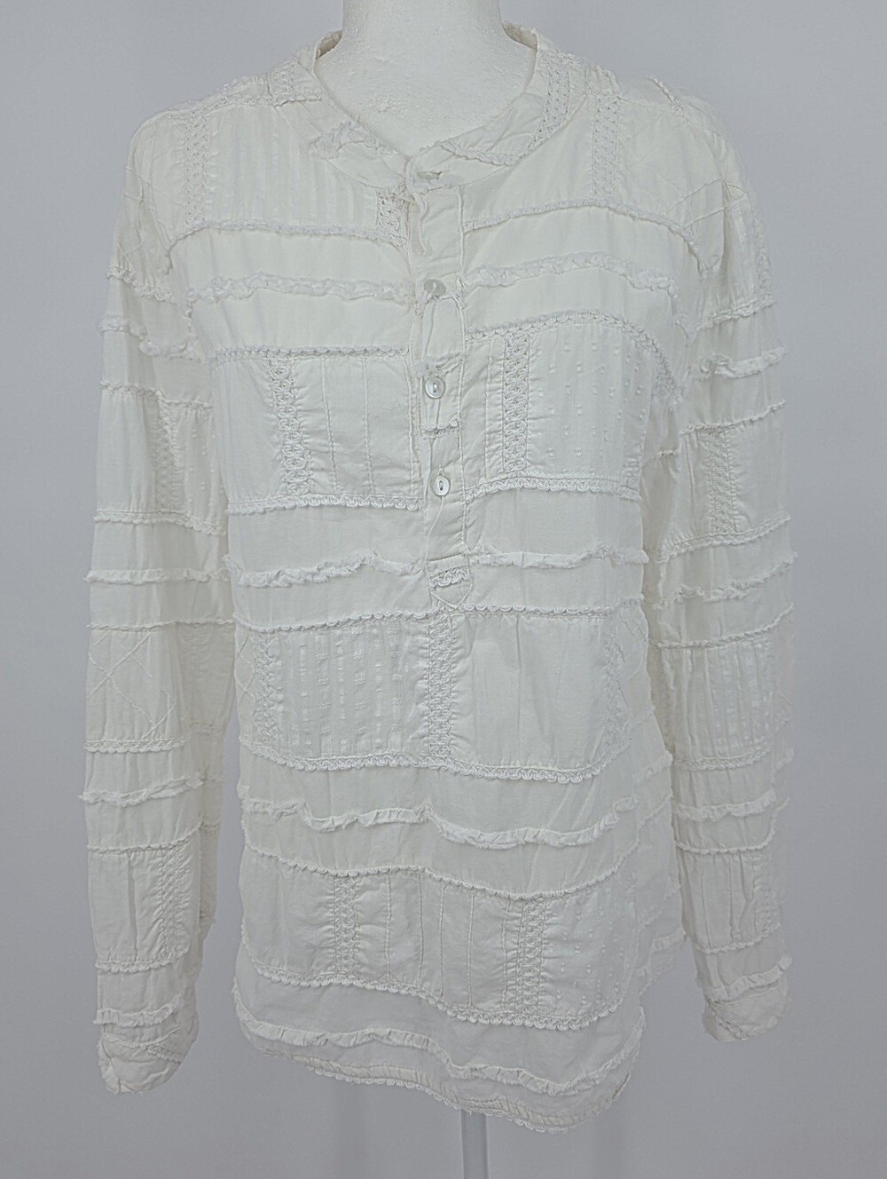 Dylan White Boho Textured Button Front Blouse Top Large‎ Cotton